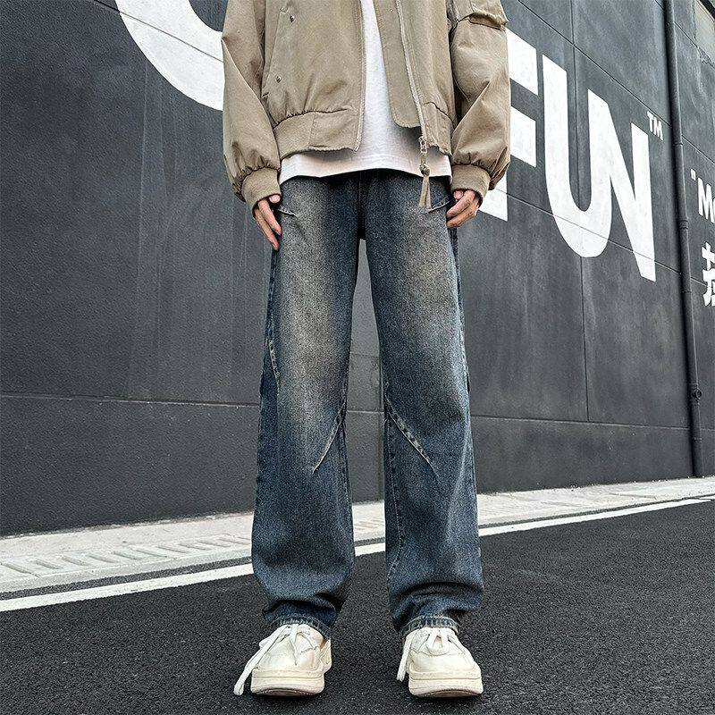 复古蓝阔腿牛仔裤男款美式百搭直筒工装裤子高街褶皱直筒长裤
