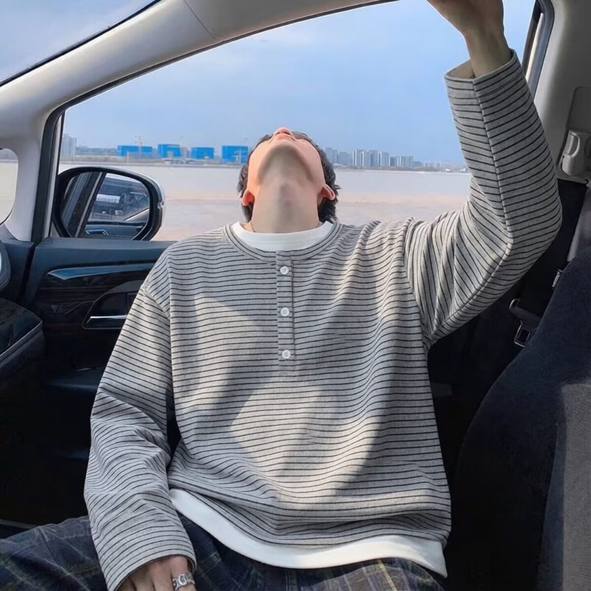 港风条纹肌理外贸男装秋冬季舒适简约打底亨利领百搭休闲毛衣