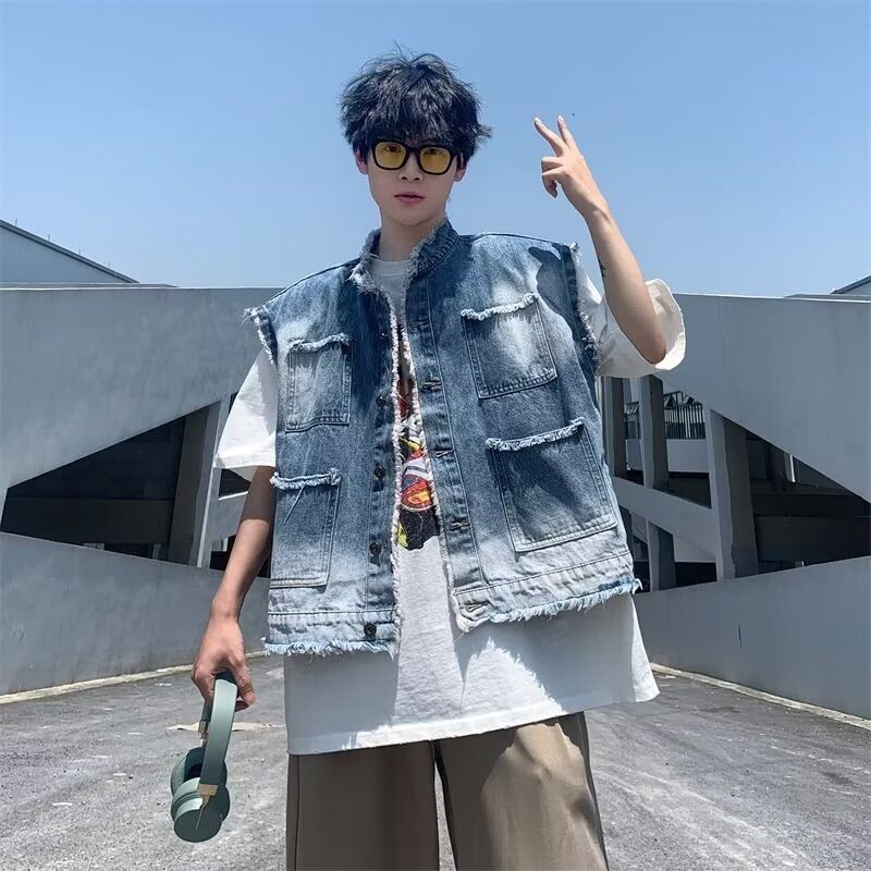 水洗渐变色牛仔背心马甲男短款高级感痞帅毛边叠穿无袖坎肩外套潮