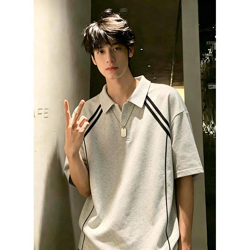 美式条纹短袖男款Polo衫夏季青少年痞帅正肩t恤重磅翻领半袖