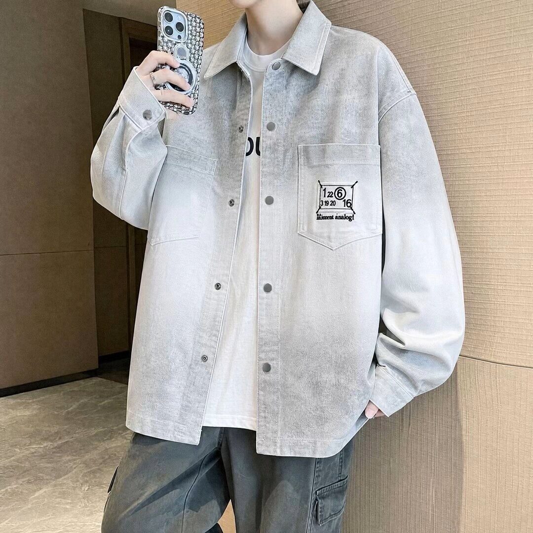 牛仔外套男生春秋季新款青少年大学生渐变衬衫式夹克男装潮流上衣