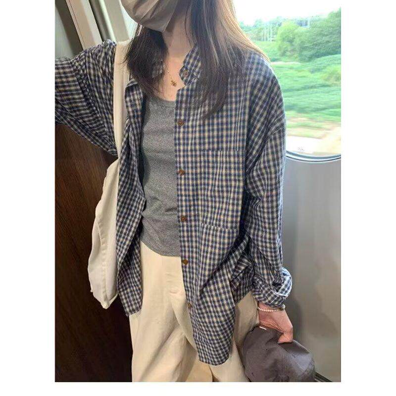 蓝色格子防晒衬衫外套女2026早春秋新款衬衣高级感宽松上衣