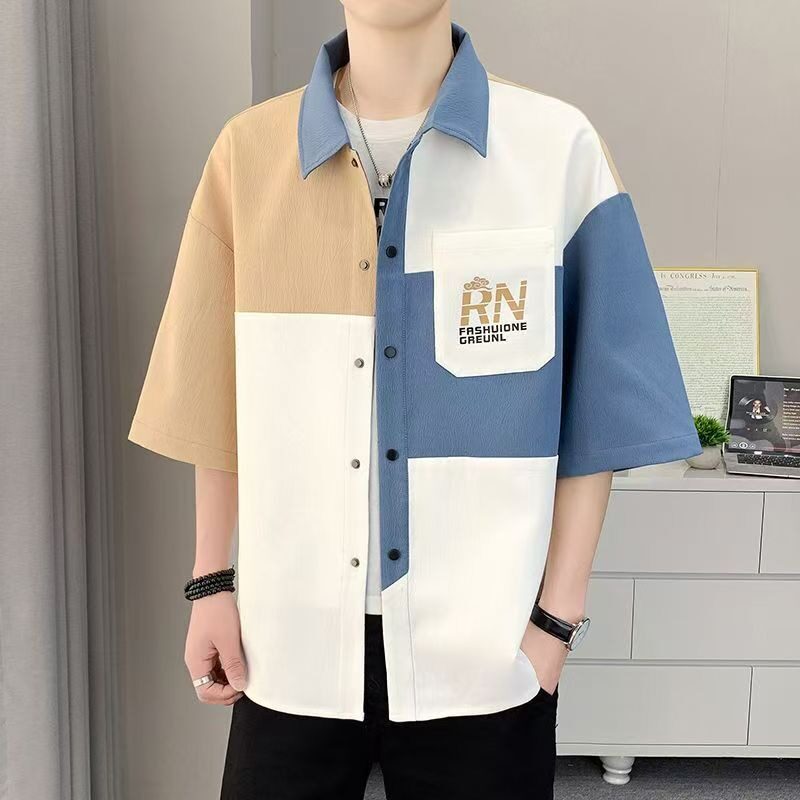 国潮短袖衬衫男生夏季拼接撞色青少年休闲中袖衬衣潮流学生上衣帅