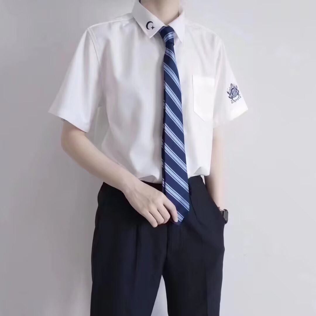 短袖纯白色刺绣学院风衬衫