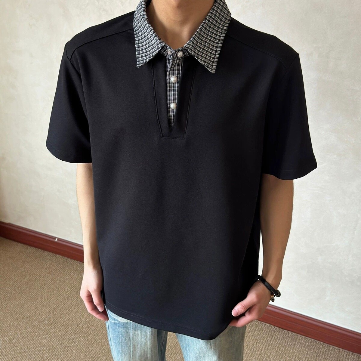 平价高配千鸟格假两件短袖polo衫男女夏季美式格纹衬衫领T恤clean