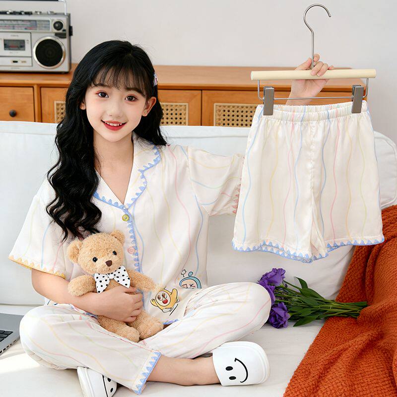 冰丝儿童睡衣女童夏季三件套好看女孩家居服丝绸凉感短袖长裤睡衣