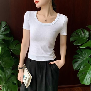短袖 新款 央央专属 T恤女春夏季 上衣 罗纹纯色紧身正肩时尚 百搭修身