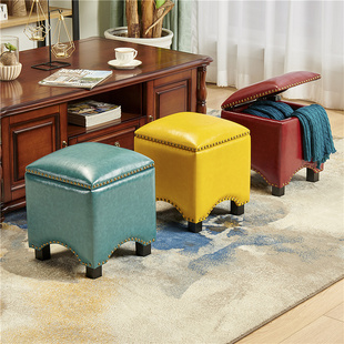 浪朵实木创意皮墩美式 凳储物凳子收纳凳 门口坐墩矮凳客厅家用换鞋