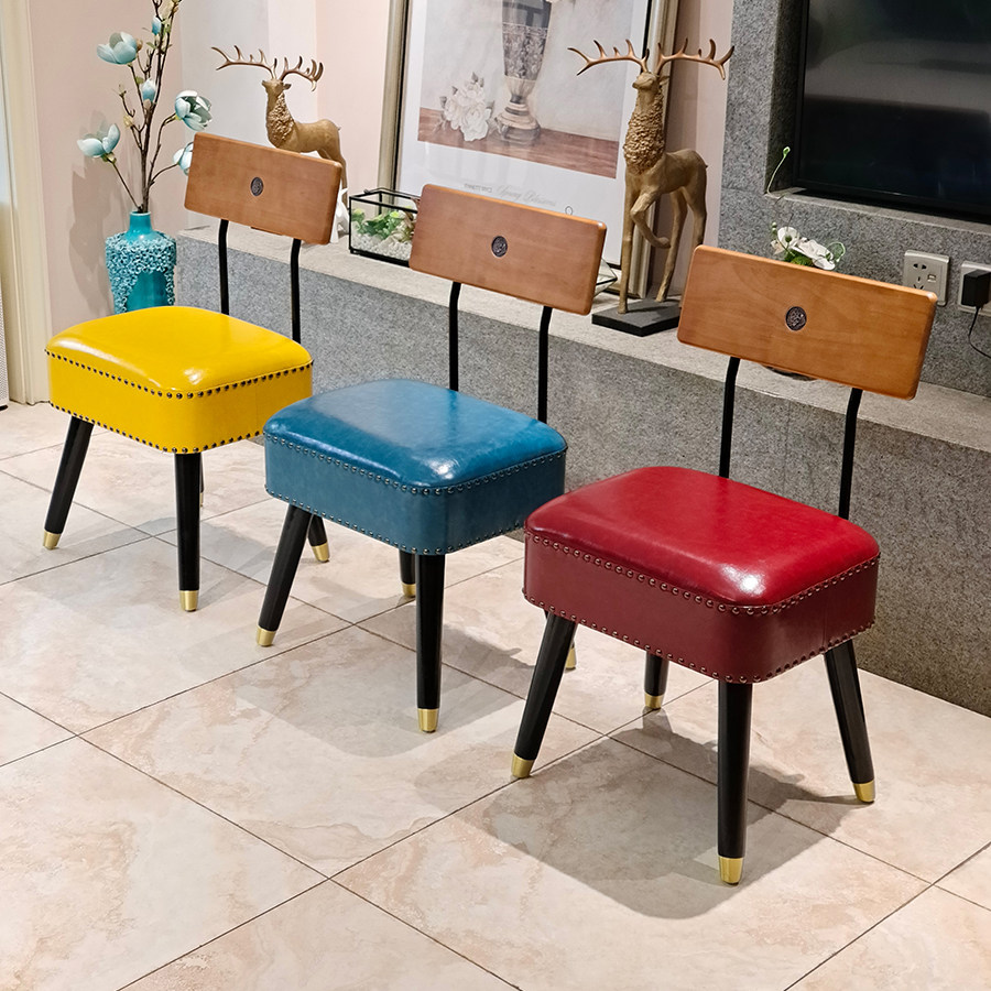 极简真皮椅子实木腿铆钉装饰现代简约家用餐椅换鞋凳多色可选