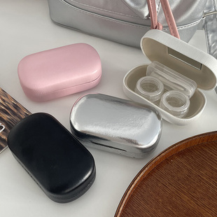 韩系极简高级感纯色皮革盒美瞳盒隐形眼镜伴侣盒银护理盒胶圈防漏