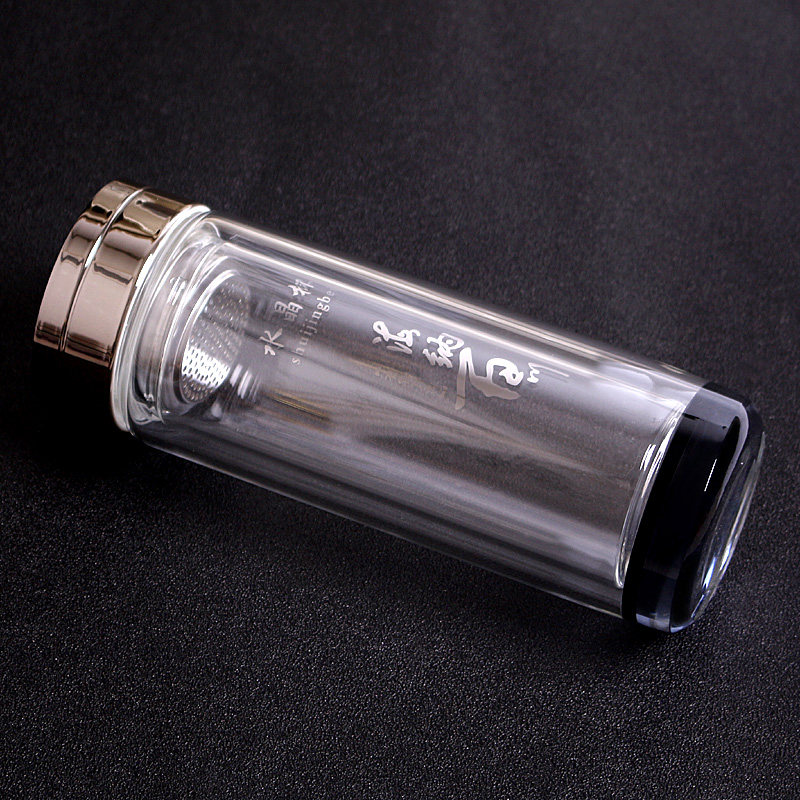 高档东海天然水晶杯双层保温隔热加厚创意带盖办公水杯子生日礼物