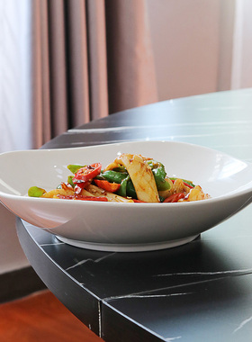 农家乐土菜馆中式陶瓷炒菜盘四方白瓷特色不规则餐具热菜盘深盘子