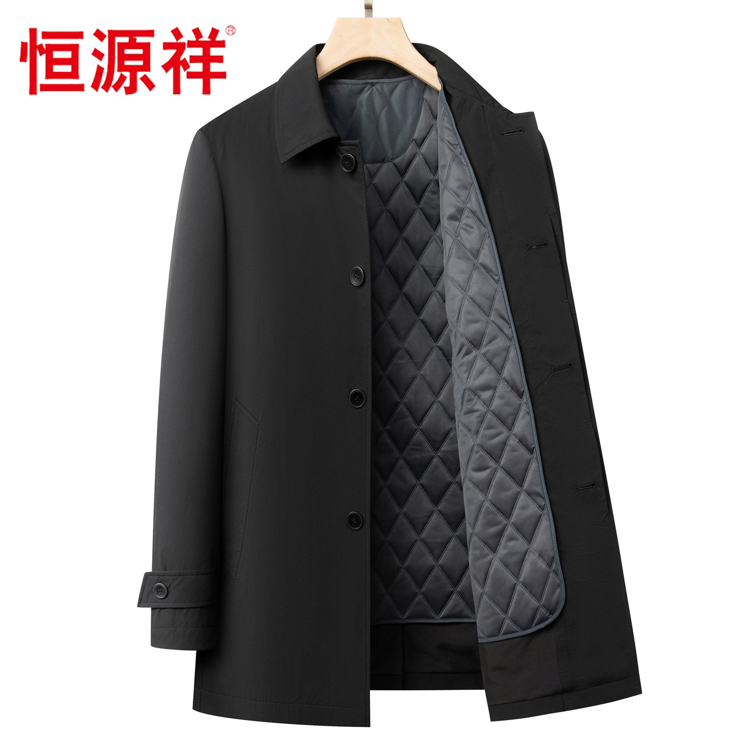 恒源祥男装春季风衣中长款翻领商务休闲后开衩可拆卸羊毛内胆外套