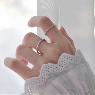 S999纯银素圈戒指女韩版设计小众轻奢时尚潮个性古法情侣细食指戒