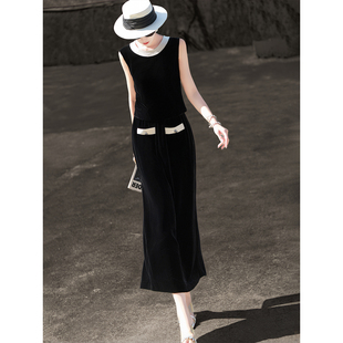 背心上衣半身裙真丝丝绒套装 气质撞色休闲无袖 兰瑟儿2026春夏新款