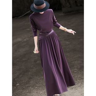气质通勤设计感含桑蚕丝假两件长袖 紫色连衣裙 新款 兰瑟儿2026春季