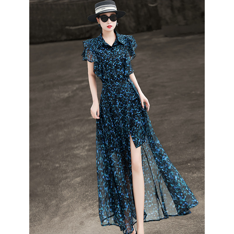 兰瑟儿2025夏季新款气质优雅衬衫裙法式荷叶袖碎花连衣裙两件套女