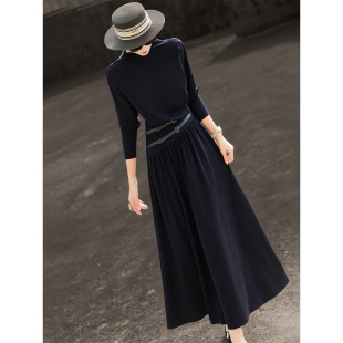 兰瑟儿2026春季新款气质设计感通勤假两件长袖收腰显瘦大摆连衣裙