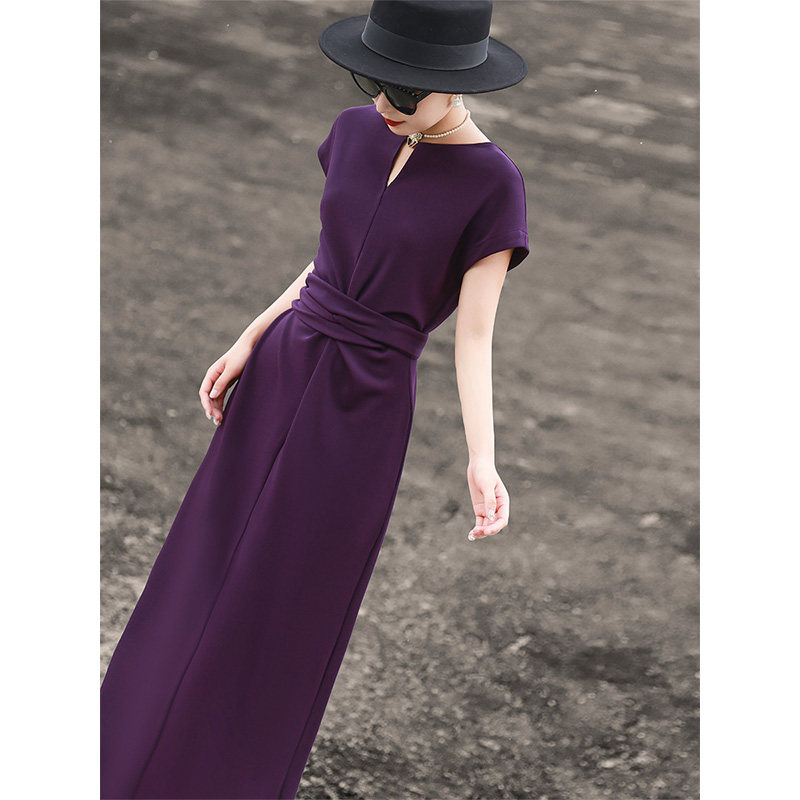 兰瑟儿2026夏季新款气质高级感通勤短袖收腰绑带修身紫色连衣裙女