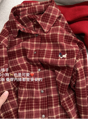 韩系磨毛格纹 秋冬加厚磨毛红色格纹单排扣暗扣宽松红格子衬衫女