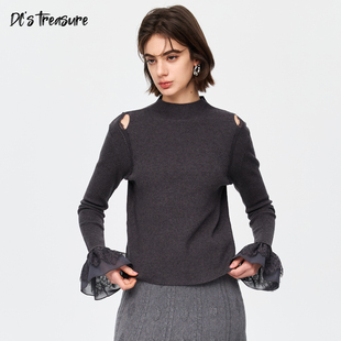 多财拼接蕾丝喇叭袖针织衫女高领修身显瘦气质打底衫深色上衣