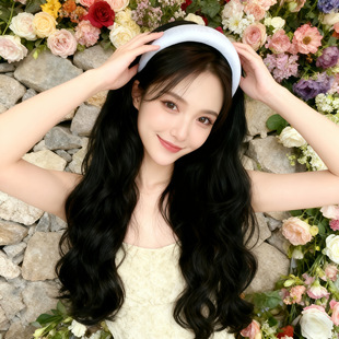 爆款 氛围感光面海绵发箍半头套女士自然大波浪长卷发假发现货