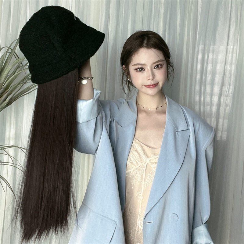 羊羔绒渔夫帽假发一体女