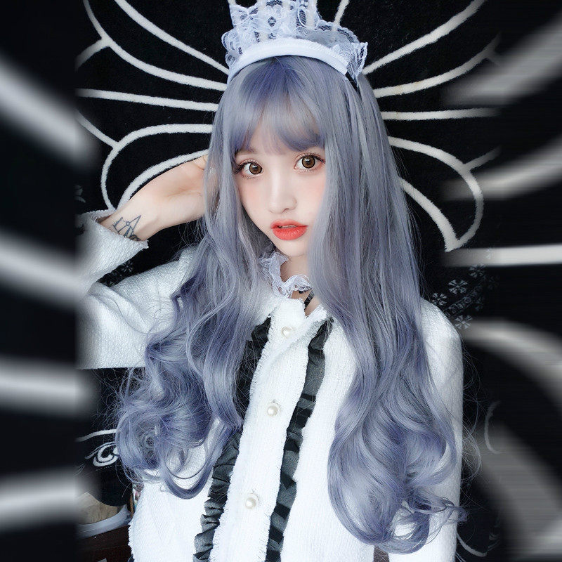 蓝灰假发女空气刘海长卷发