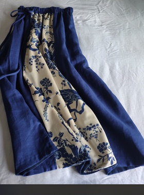 清仓青辰原创春秋款纯亚麻丝绒拼色汉服裙半身裙松紧腰大摆系带