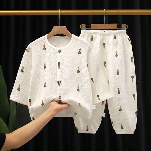 儿童家居服纯棉套装双层纱布棉纱薄款睡衣宝宝女童男童夏季空调服