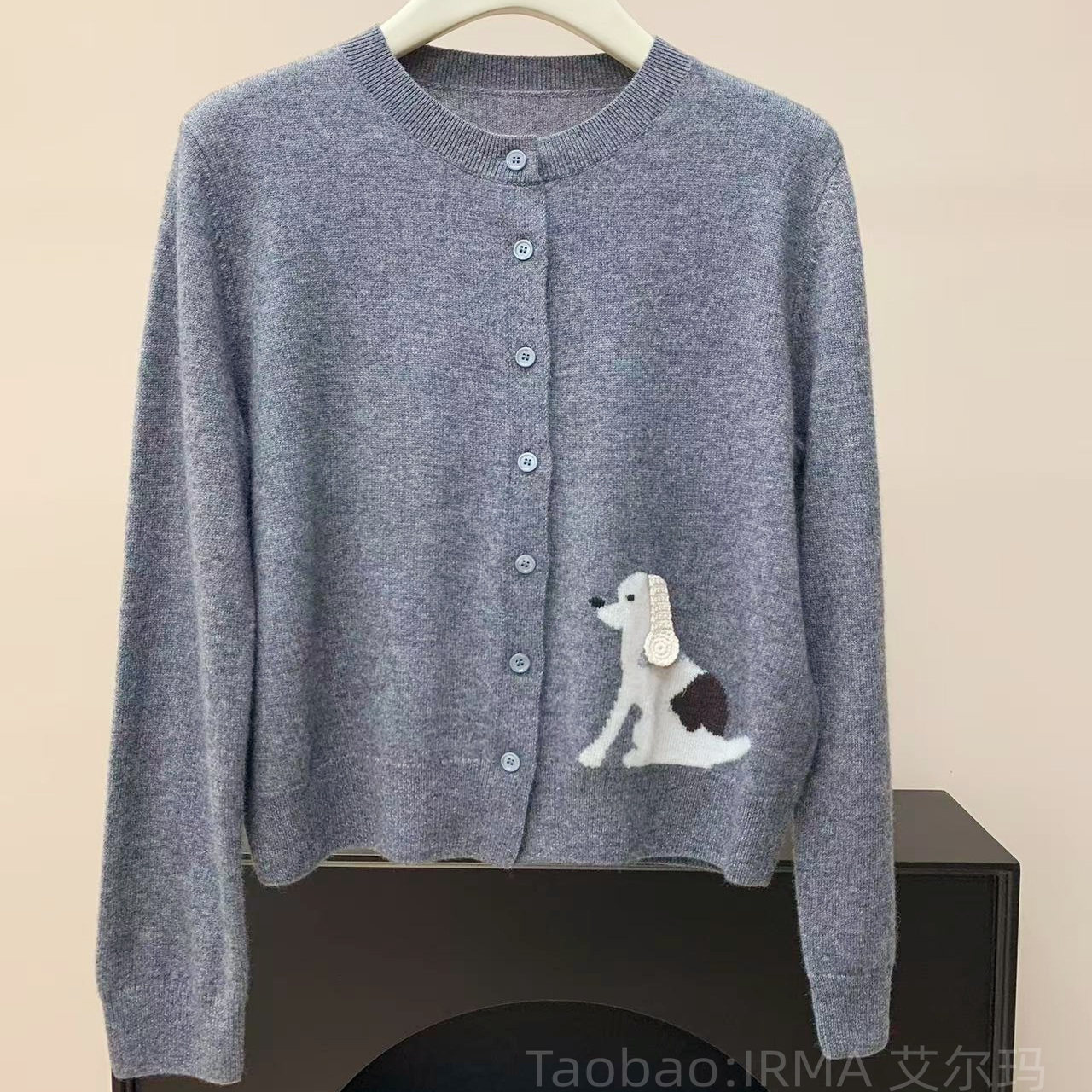 卡通小狗羊绒灰色长袖针织开衫女