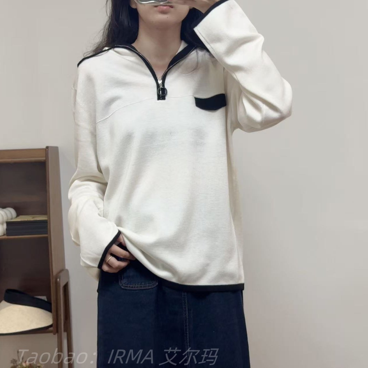 真丝羊毛半拉链连帽套头针织衫