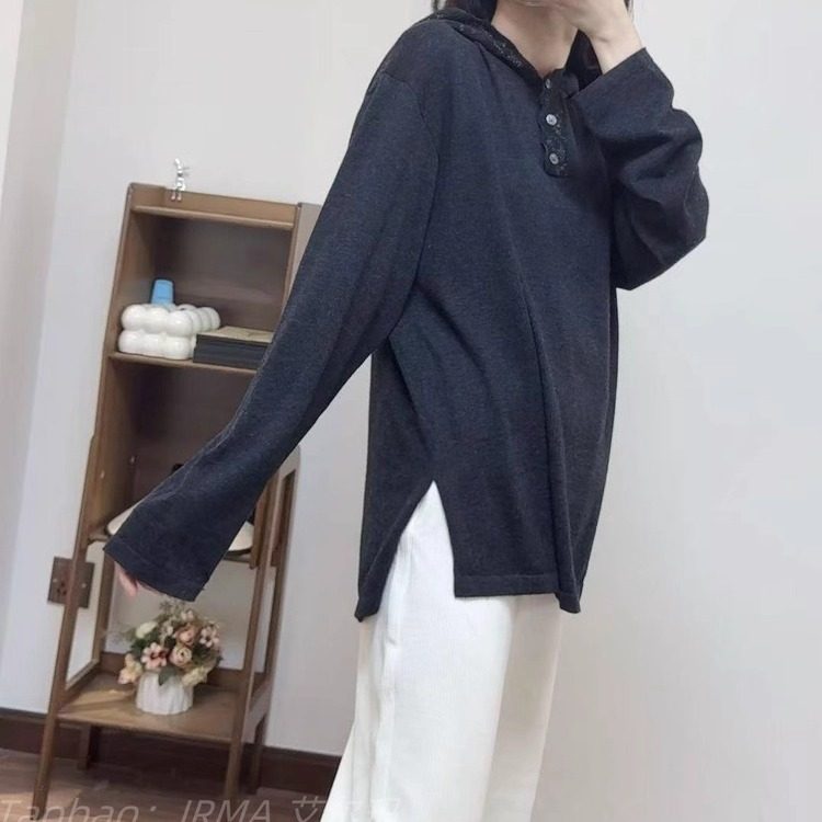 纯色羊毛蕾丝钩花连帽简约针织衫