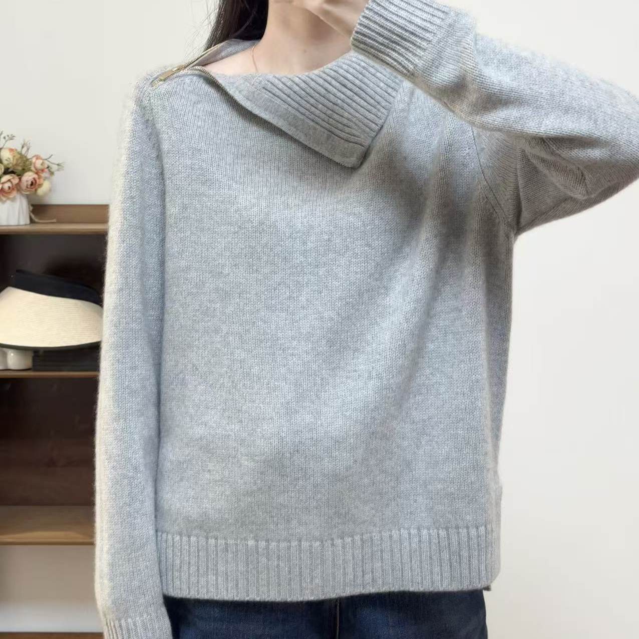 慵懒风侧拉链高领羊绒针织衫女