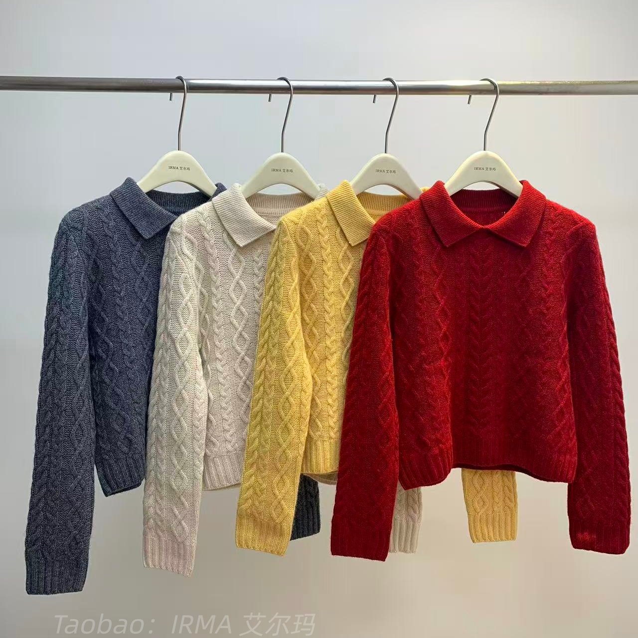 100%山羊绒POLO翻领绞花针织衫女