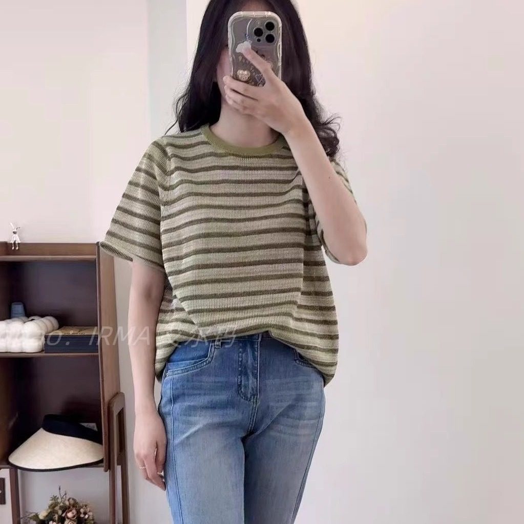 卷边撞色亚麻宽松圆领休闲T恤女