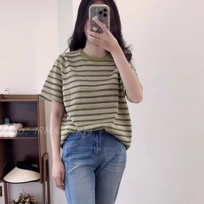 卷边撞色亚麻宽松圆领休闲T恤女