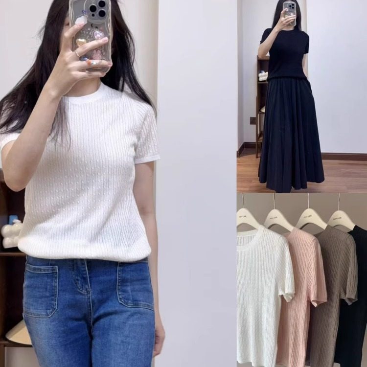 新款针织棉麻短袖圆领薄款T恤女