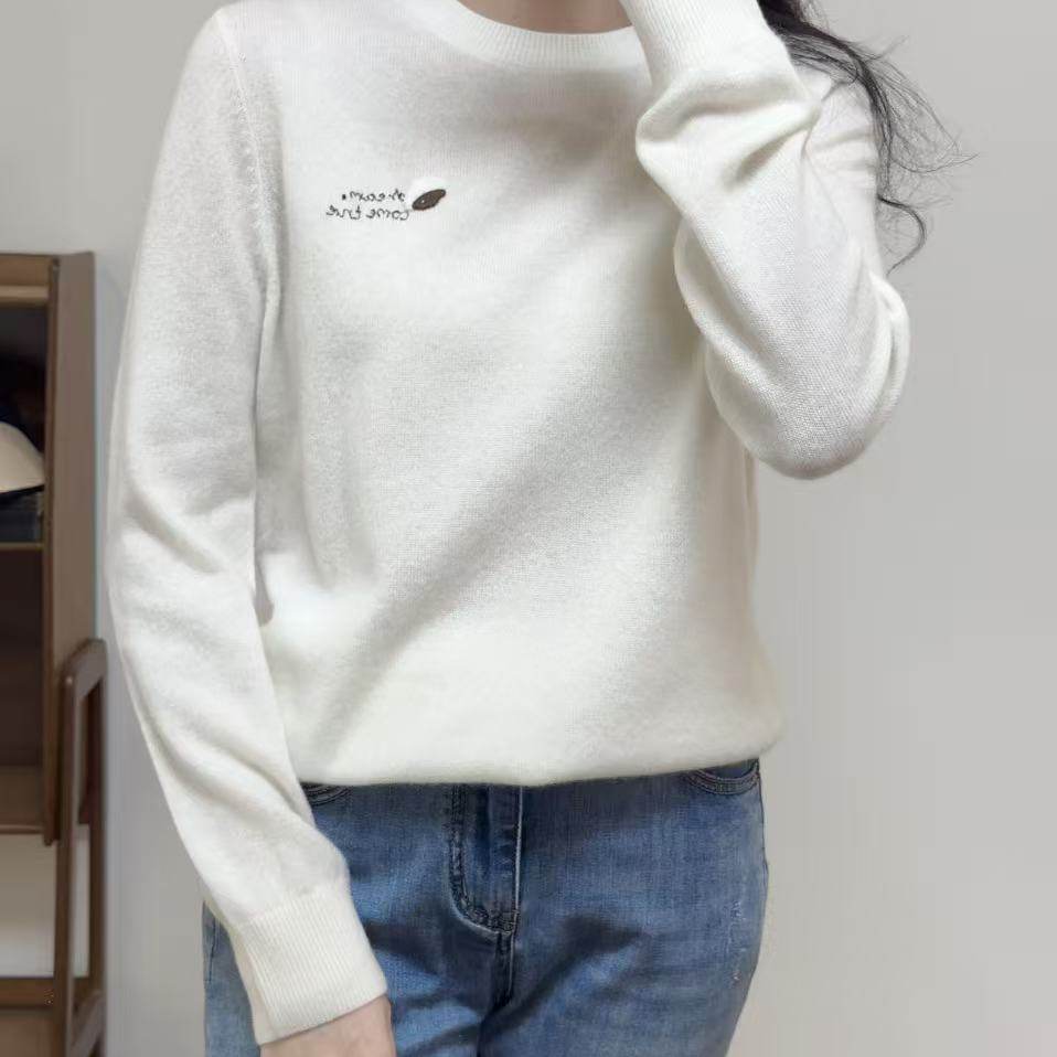 纯山羊绒刺绣字母针织长袖套头衫