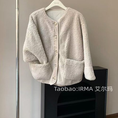 温柔仿羊羔毛拼接灯芯绒皮草外套