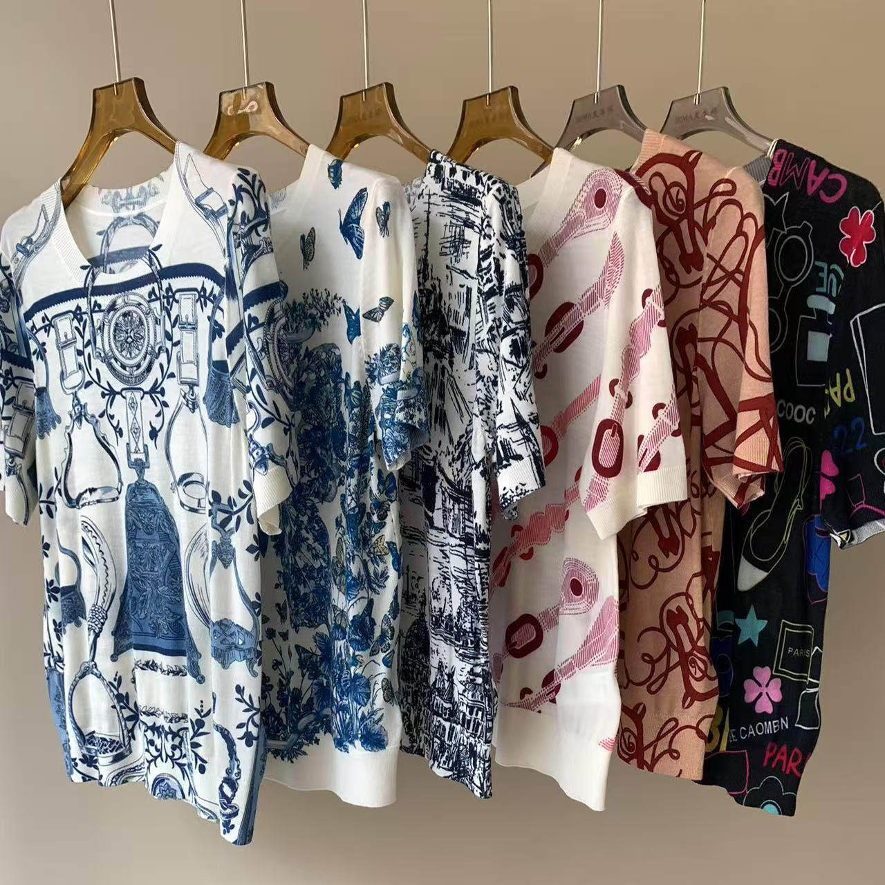 春夏印花百搭圆领针织短袖上衣女