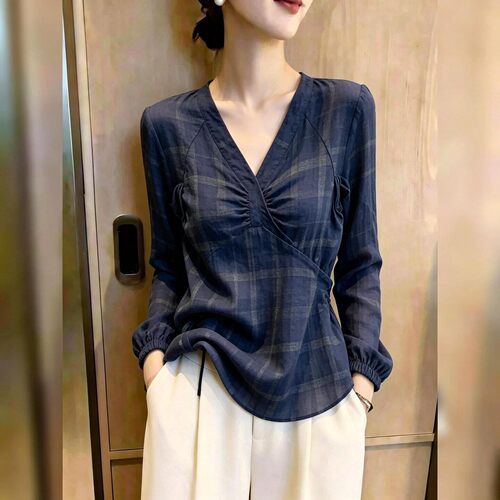 通勤风V领上衣女藏青色气质衬衫