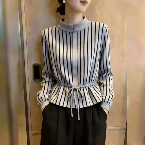 法式立领条纹上衣女收腰显瘦
