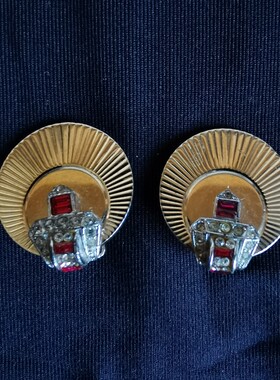 Vintage Marcel Boucher 金色圆盘红白钻耳夹