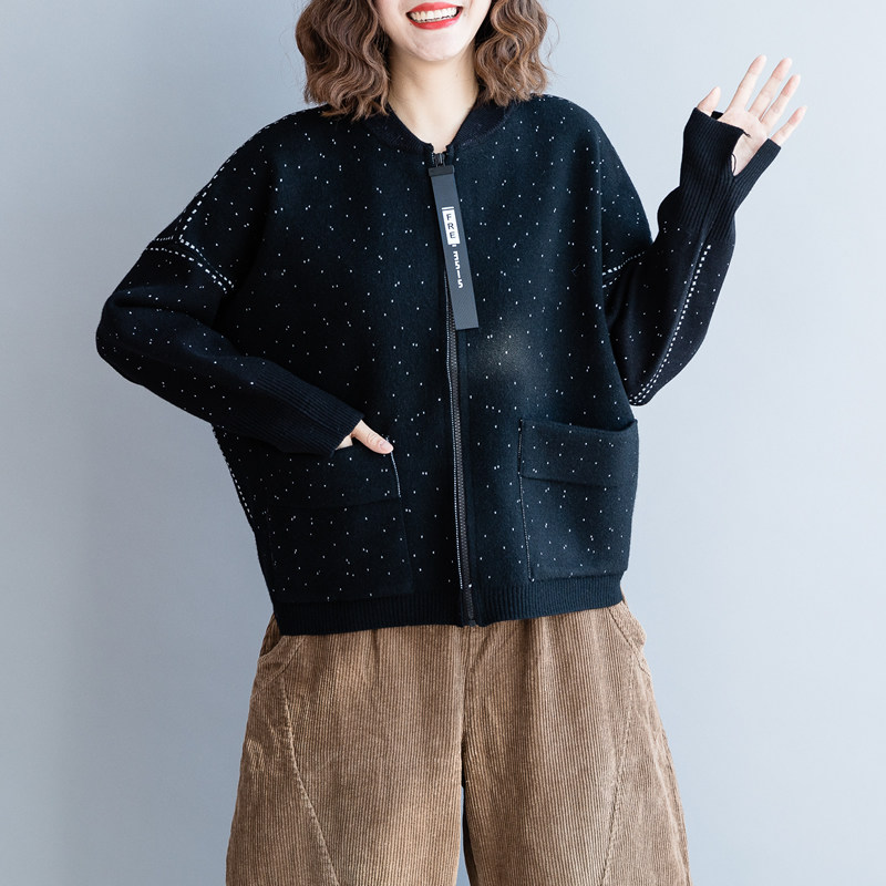 清濯黑底雪花白点拉链棒球领女式短款线针织外套,女装/女士精品,毛衣,淘宝优惠券,粉丝福利购,淘宝优惠卷