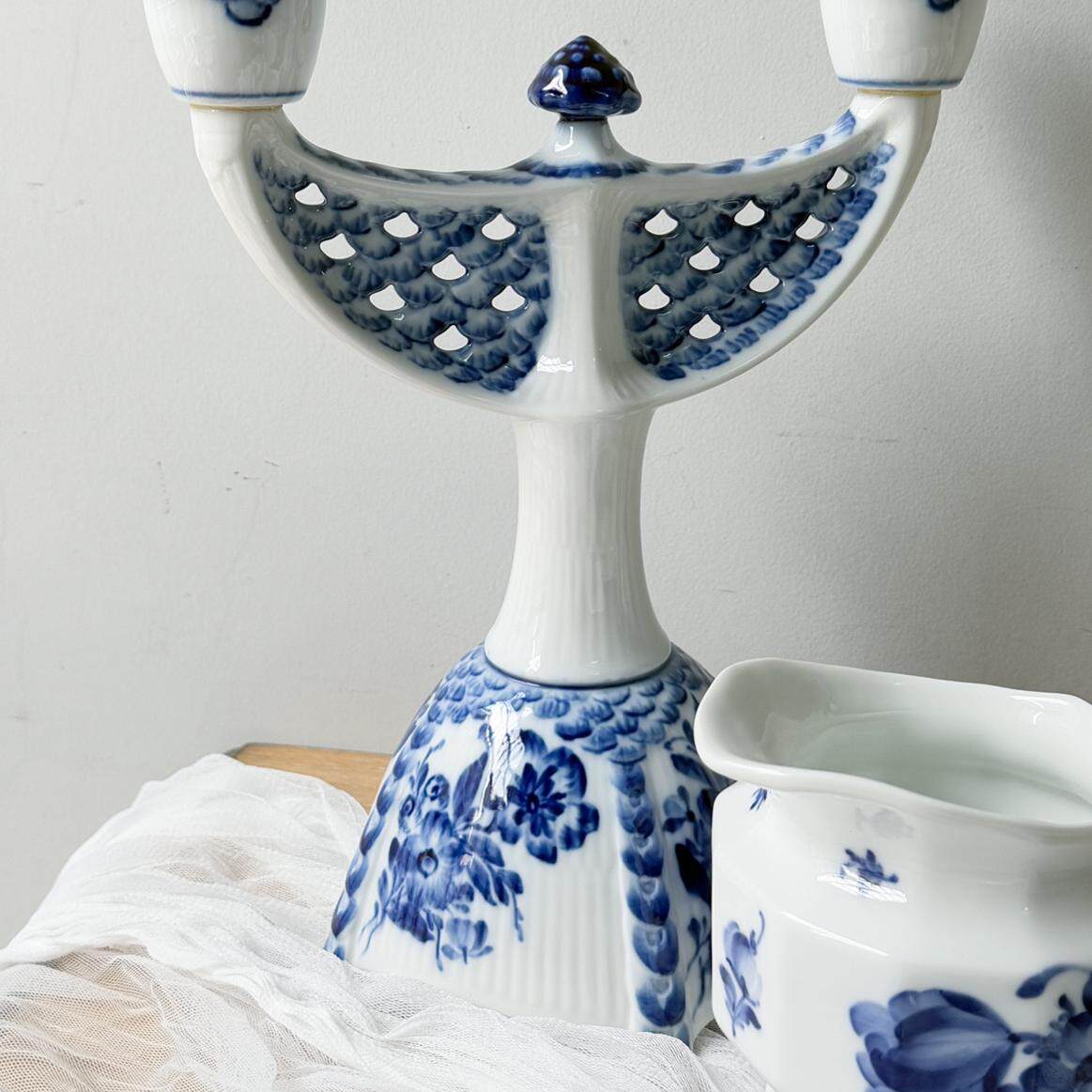 稀有～皇家哥本哈根蓝花双头烛台画师款 丹麦原产 一级品