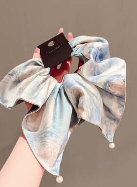 燃彩高级感蓝色晕染缎面珠珠方巾大肠发圈女高级感超大号头绳头饰