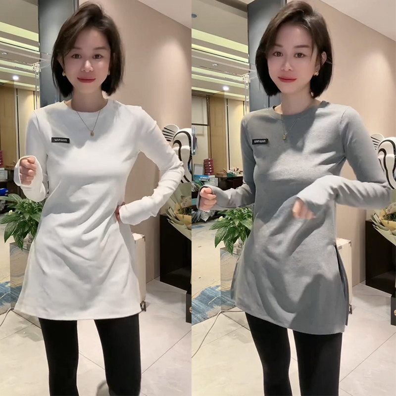 欧货2025秋冬女时尚设计感百搭加绒中长款侧开叉长袖卫衣上衣内搭