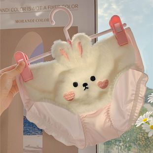 女生可爱毛绒纯棉中腰女短裤 雪绒奶兔 女士甜美纯欲少女保暖内裤