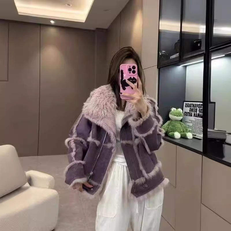 短款显瘦机车款2024皮毛一体女轻款羊羔毛拼接兔毛外套皮草长袖